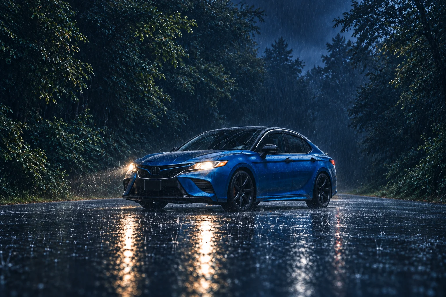 A blue touring car on a quiet forest road in the rain