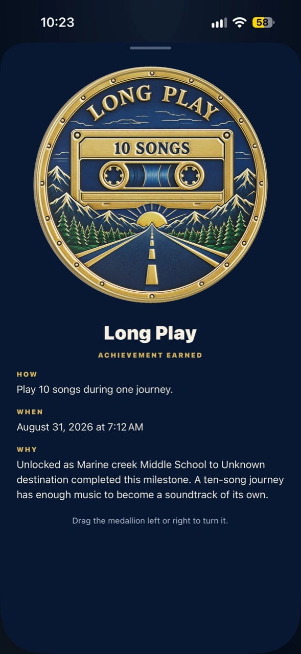 The Long Play achievement, a gold and navy medallion earned for playing ten songs during a journey