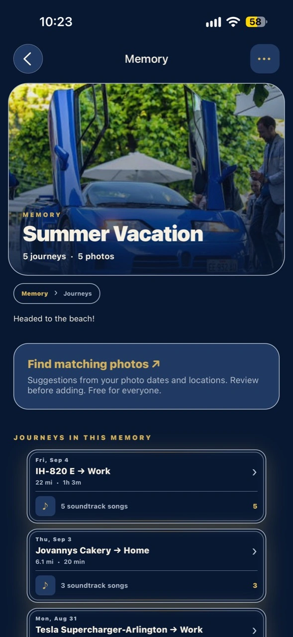 A Summer Vacation Memory with a cover photo, saved journeys, soundtracks, and matching photo suggestions