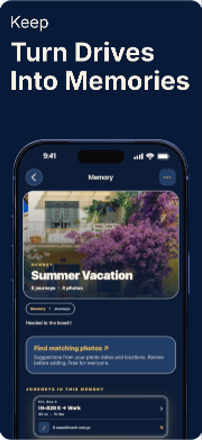 JourneyDeck 2.0 App Store screenshot showing a Memory with photos, notes, and saved journeys
