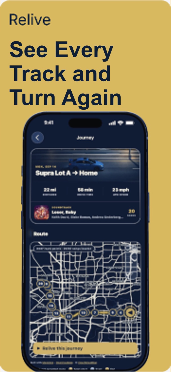 JourneyDeck 2.0 App Store screenshot showing a saved journey, route map, soundtrack, and replay control