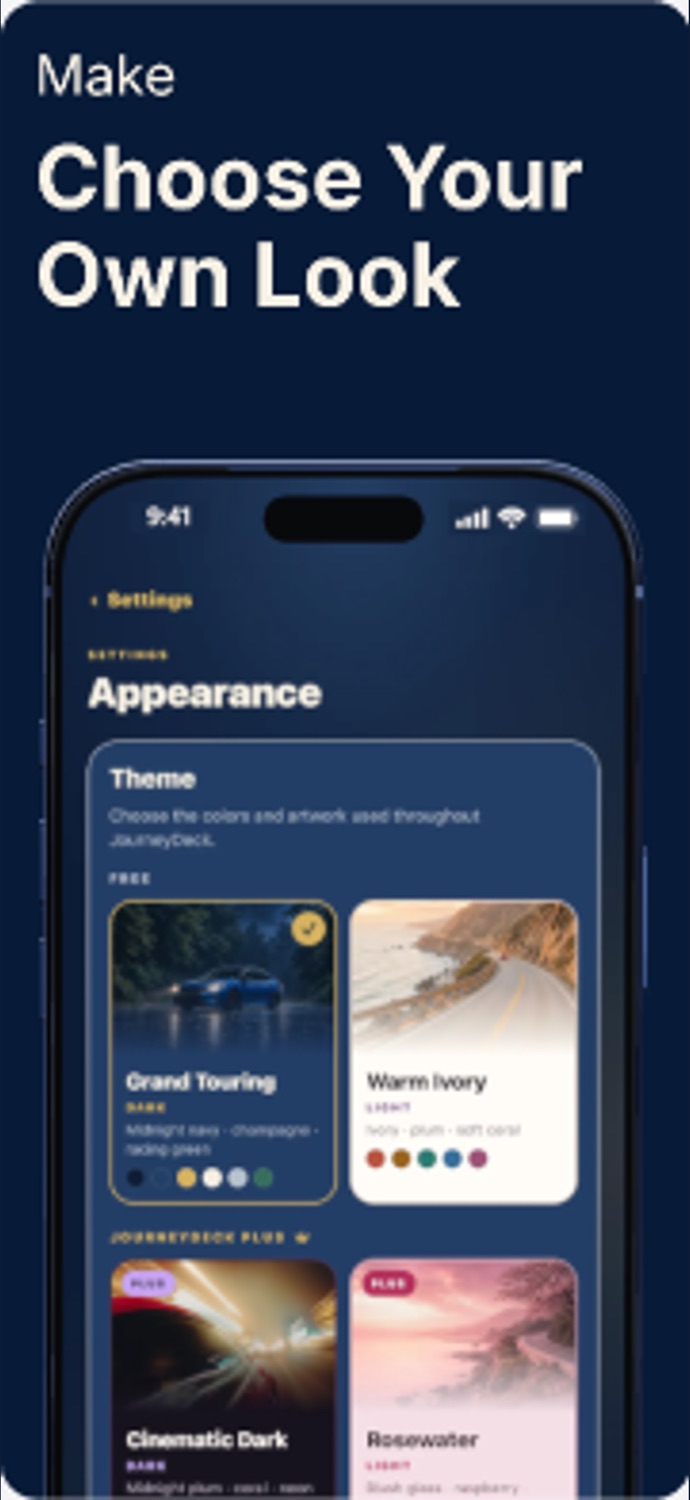 JourneyDeck 2.0 App Store screenshot showing free and Plus appearance choices