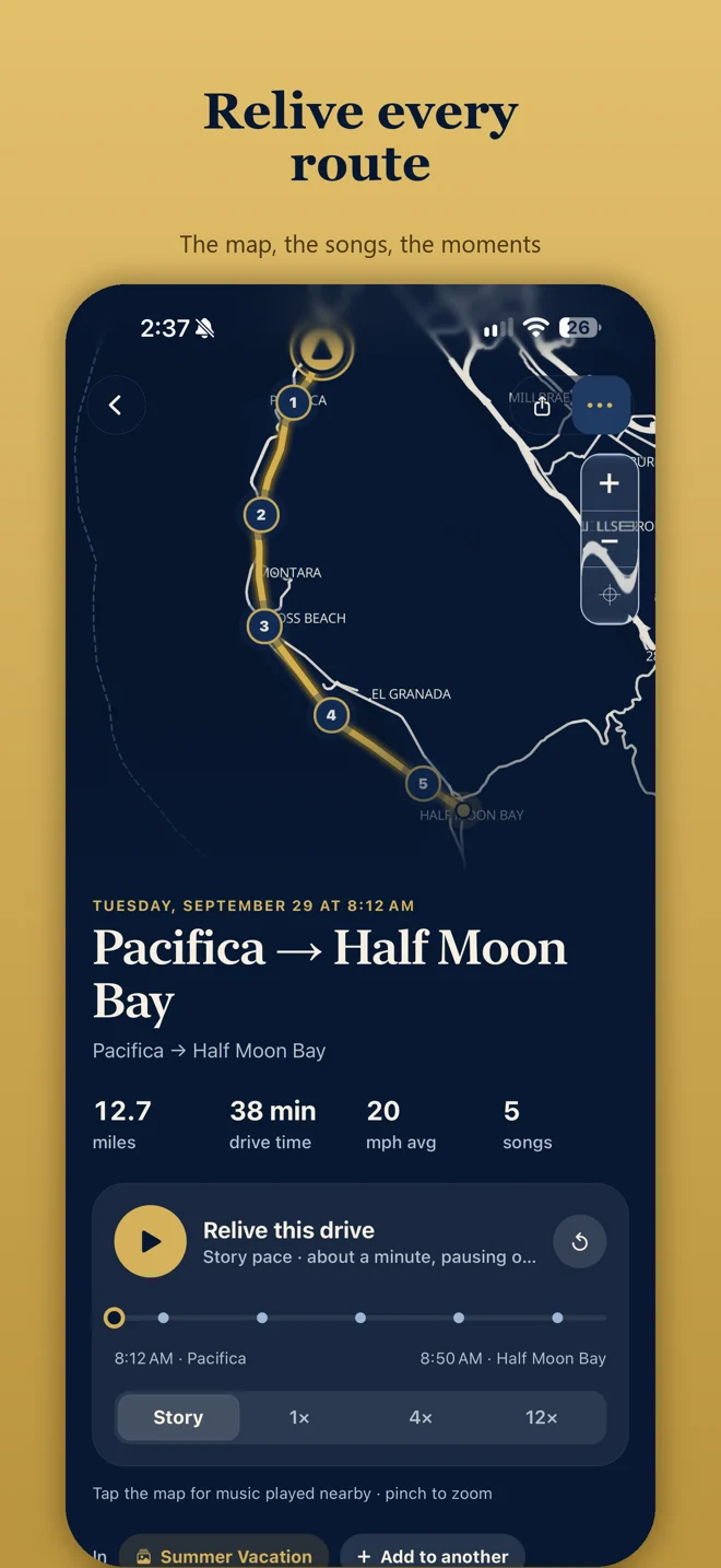JourneyDeck 4.0 screenshot showing a saved journey, route map, soundtrack, and replay control
