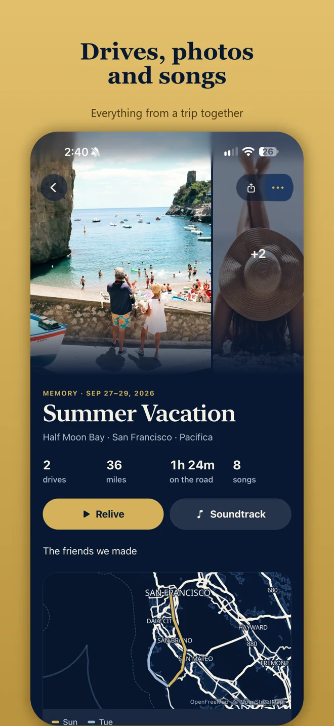 JourneyDeck 4.0 screenshot showing a Memory with photos, notes, and saved journeys